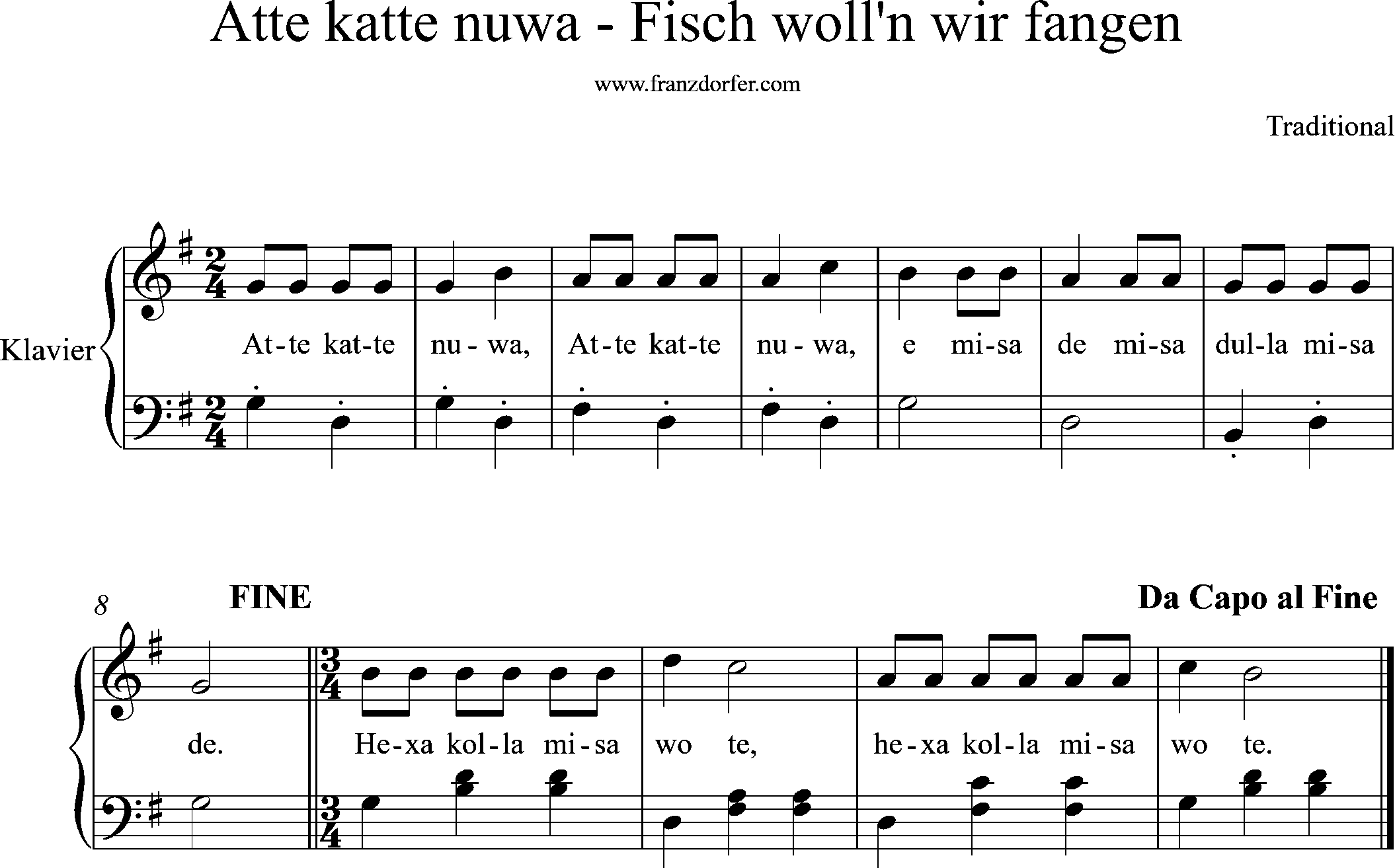 klaviernoten - Atte katte nuwa, G-Dur